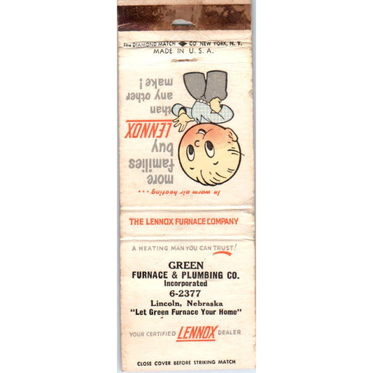 Green Furnace & Plumbing Lennox Lincoln NE Advertising Matchbook Cover MM10-2