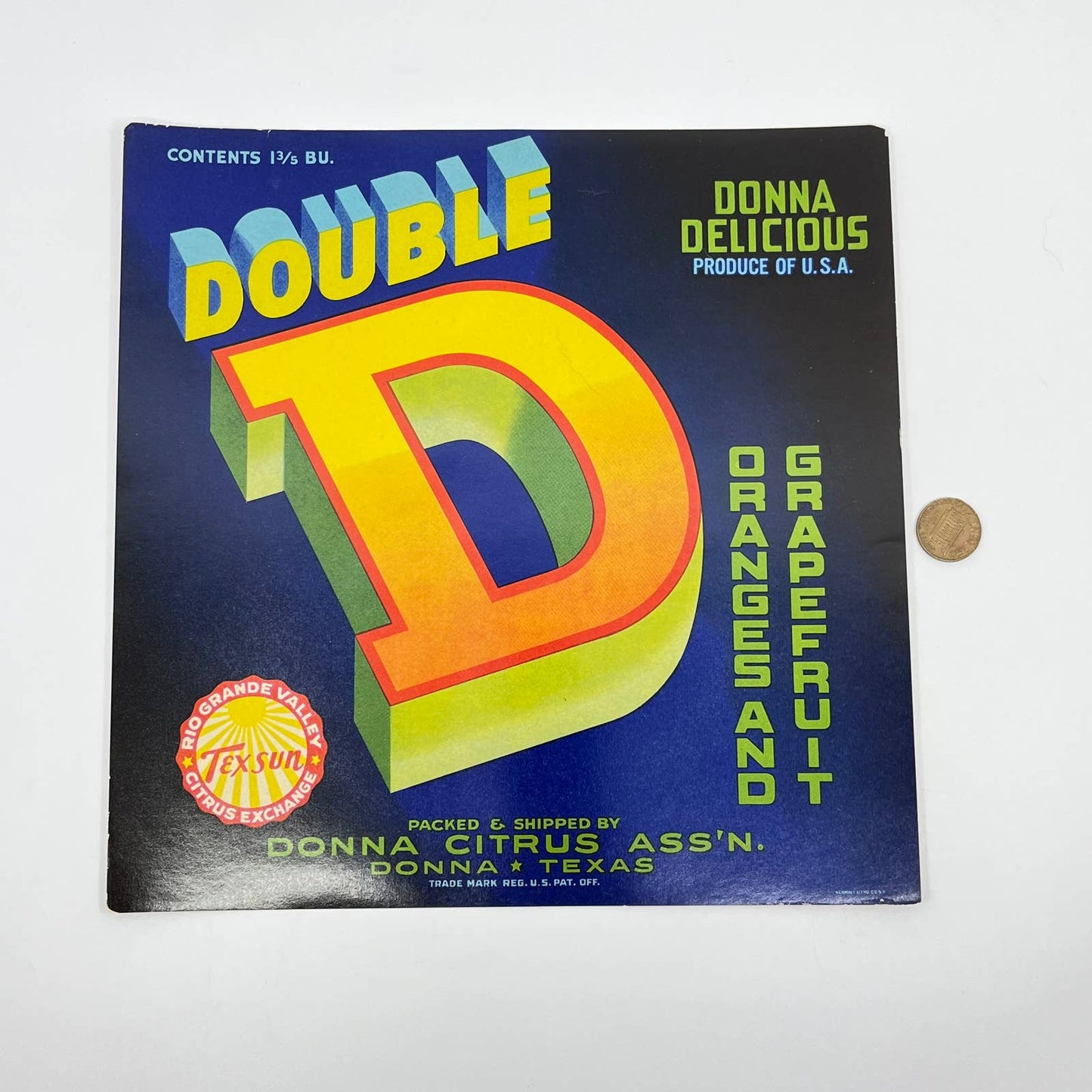 1940s Texas citrus crate label Double D Grapefruit Donna Delicious 9x9" FL3