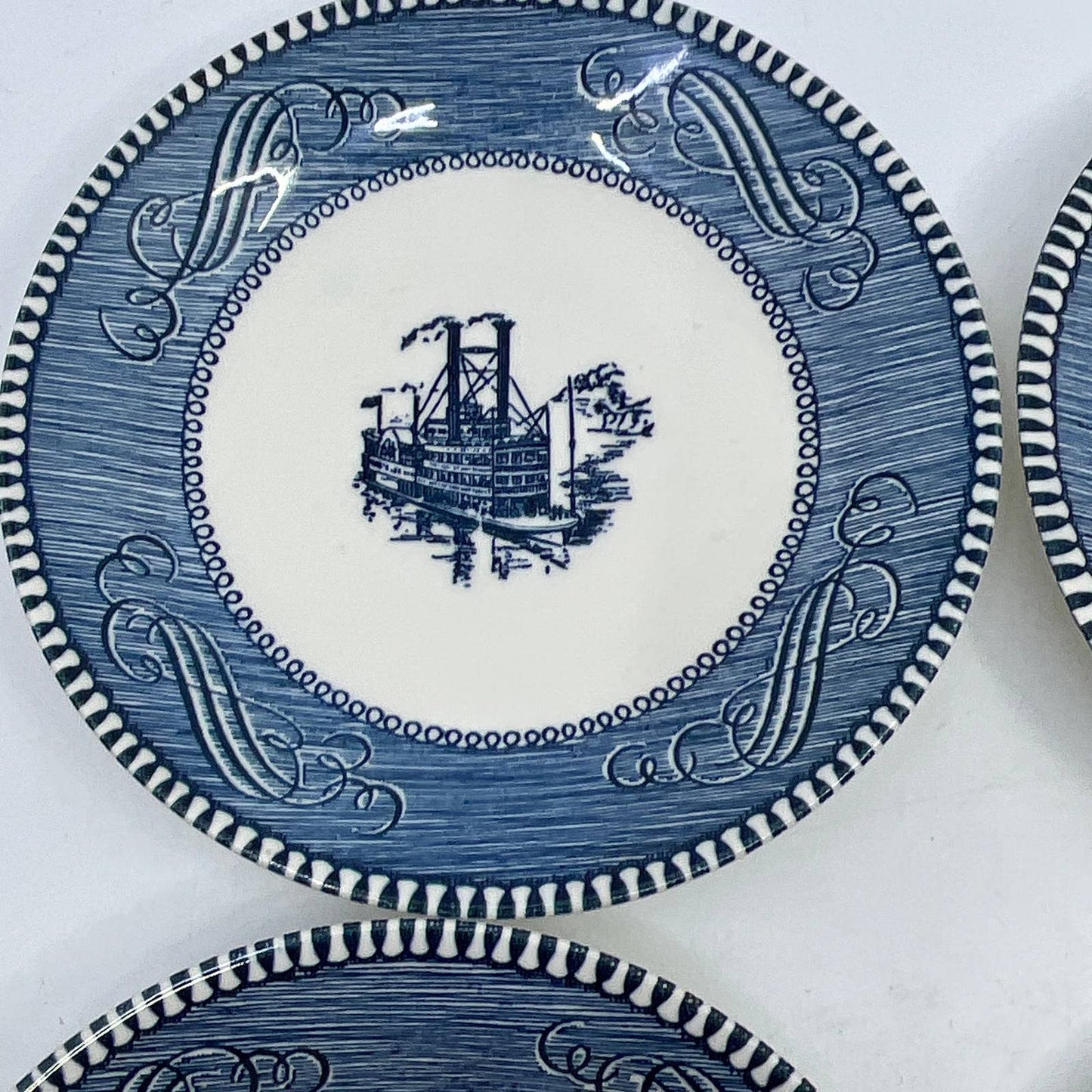 Currier & Ives BLUE Steamboat Royal China Set of 4 Dessert Plates 6” TI3