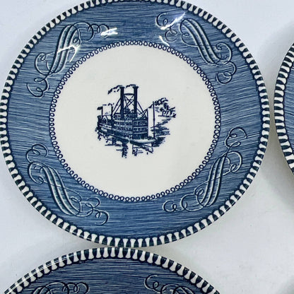 Currier & Ives BLUE Steamboat Royal China Set of 4 Dessert Plates 6” TI3