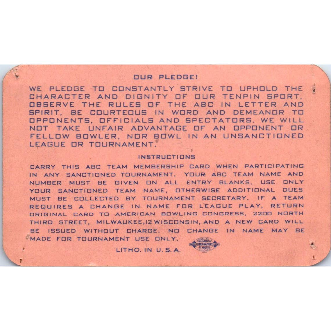 1948 American Bowling Congress Milwaukee Membership Card Eagles 775 SE5-14