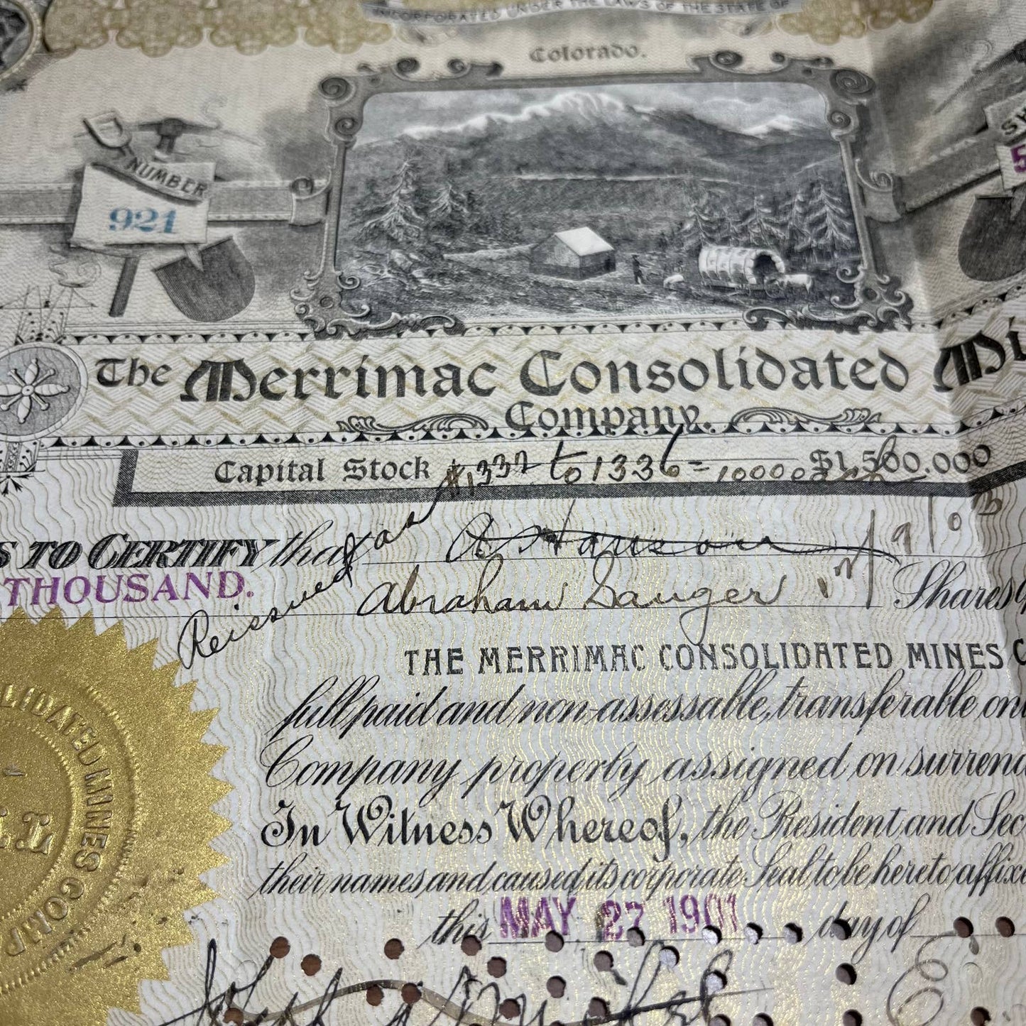 Antique 1901 Stock Certificate Merrimack Consolidated Mines Company Colorado B5