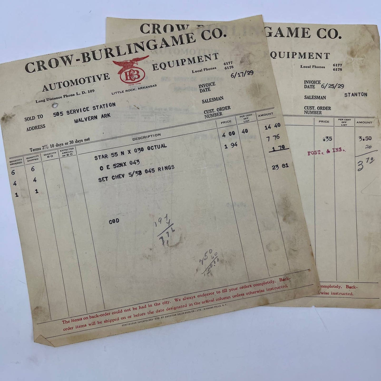 1929 Billhead Crow-Burlington Co. Automotive Equipment Malvern AR Set of 2 AC9