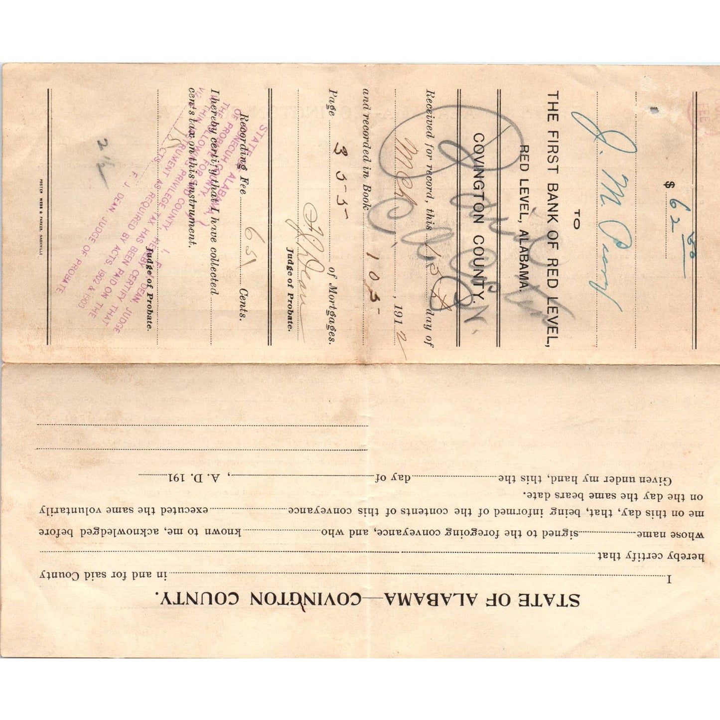 1912 First Bank or Red Level Loan Agreement J.M. Peavy Red Level AL AD6