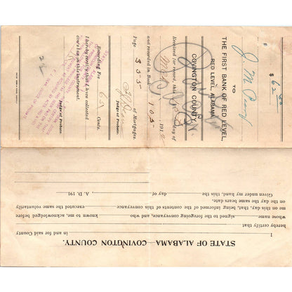 1912 First Bank or Red Level Loan Agreement J.M. Peavy Red Level AL AD6