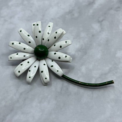 1960s Retro Enamel Daisy Flower Brooch Pin Green White Polka Dots Stem SE6