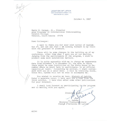 Legation of Latvia Official Letterhead Memo A. Spekke Oct 2 1967 B13