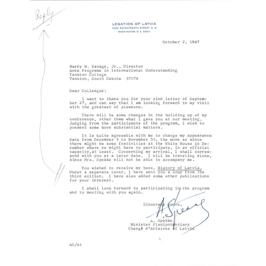 Legation of Latvia Official Letterhead Memo A. Spekke Oct 2 1967 B13