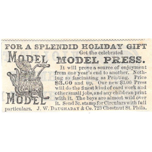Model Press J.W. Daughaday & Co. Philadelphia - Ad 1878 Original TJ7-L2-4
