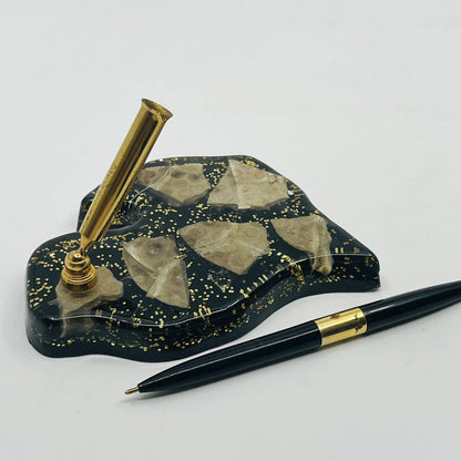 MCM Mod Desktop Pen Holder Lucite Fossil Chunk Black & Gold TA9