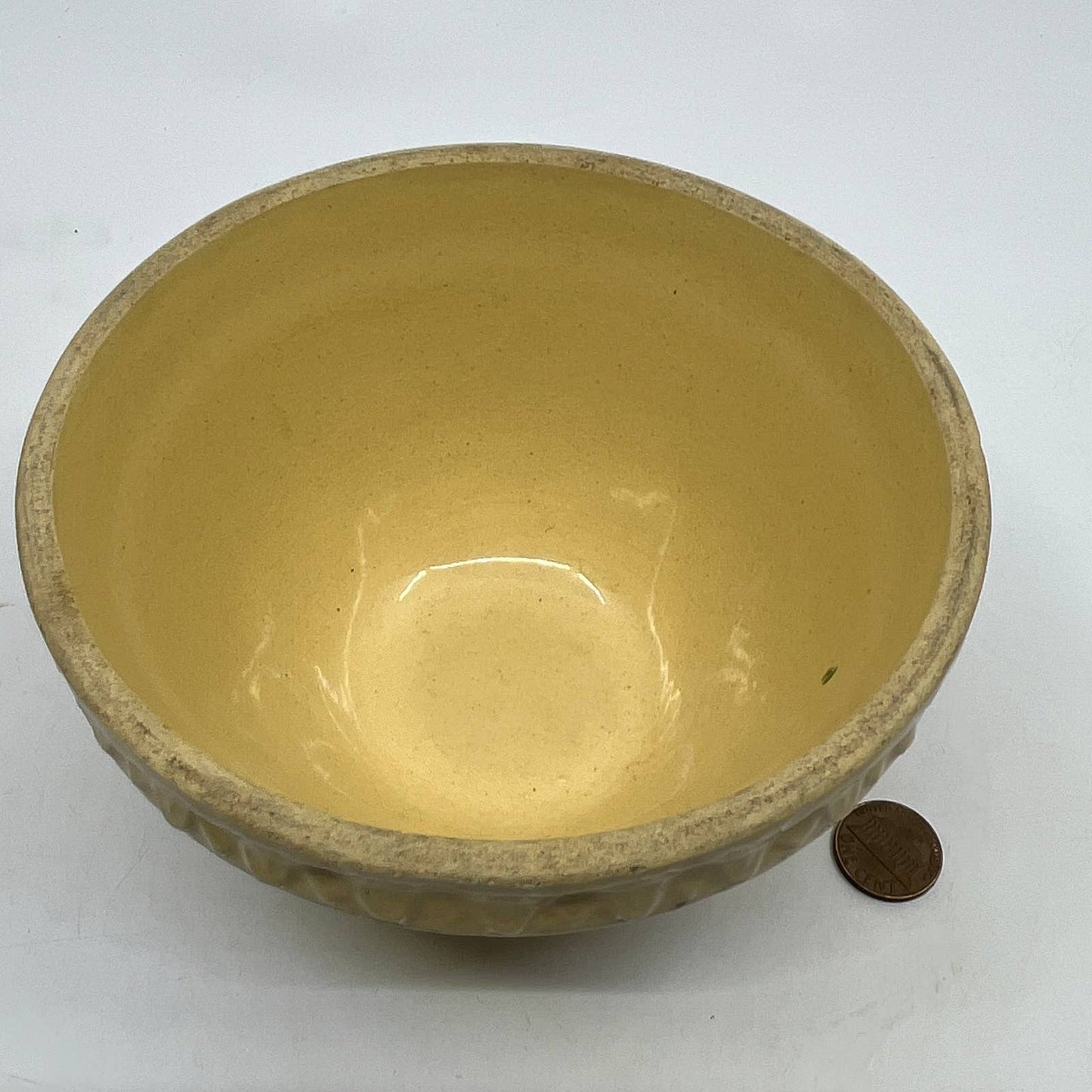 Vintage McCoy Yellow Ware Blue Pink Striped Mixing Bowl 5” Pie Crust Rim TH5