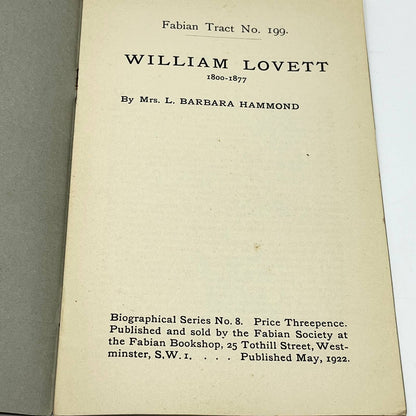 1922 WILLIAM LOVETT Biographical Series Fabian Tract No. 199 London TE2