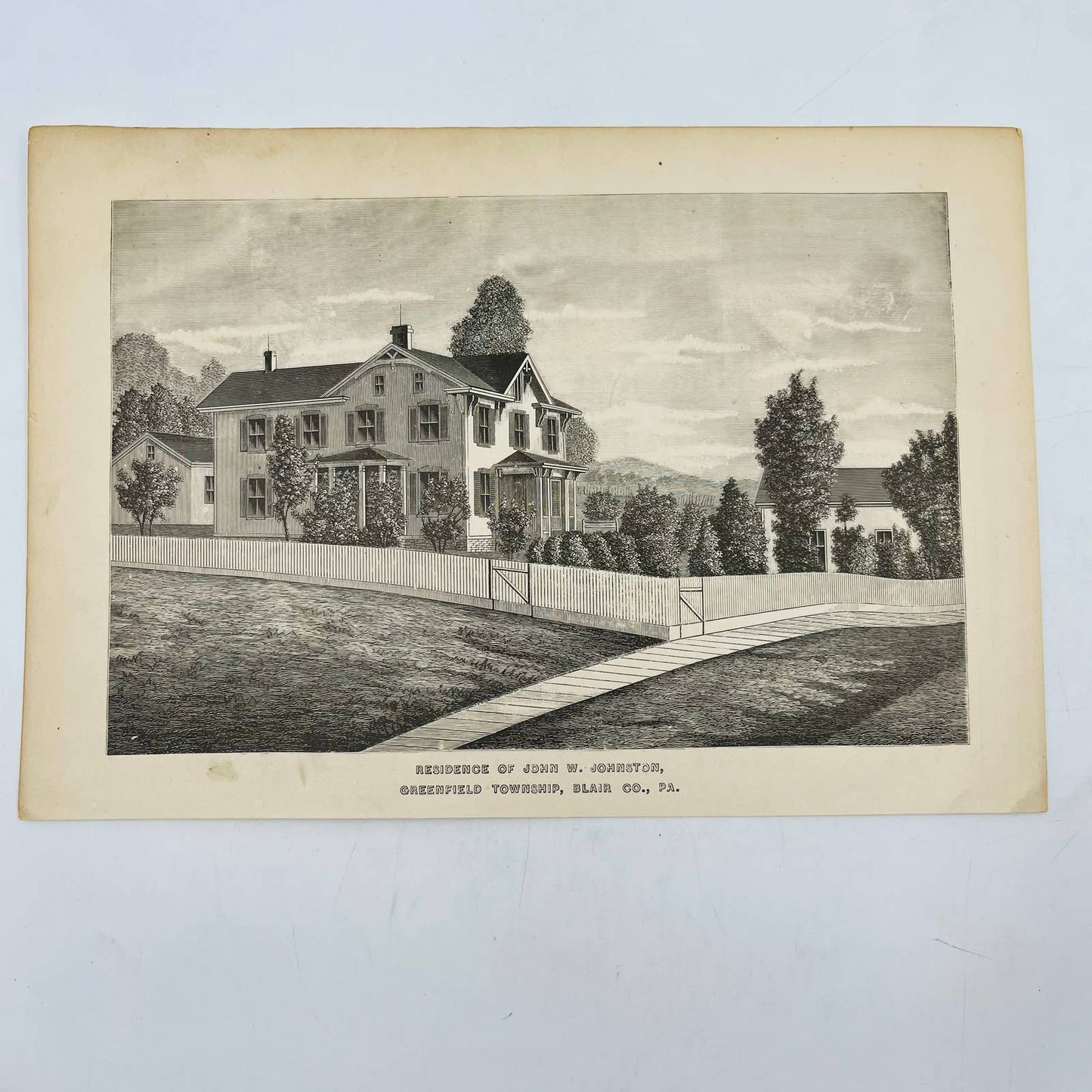 1880s Print Engraving Residence of John W Johnston Greenfield Twp Blair Co PA C8