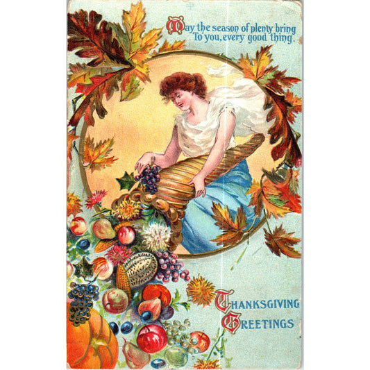 Victorian Thanksgiving 1911 Lady With Giant Cornucopia Original Postcard P2-4