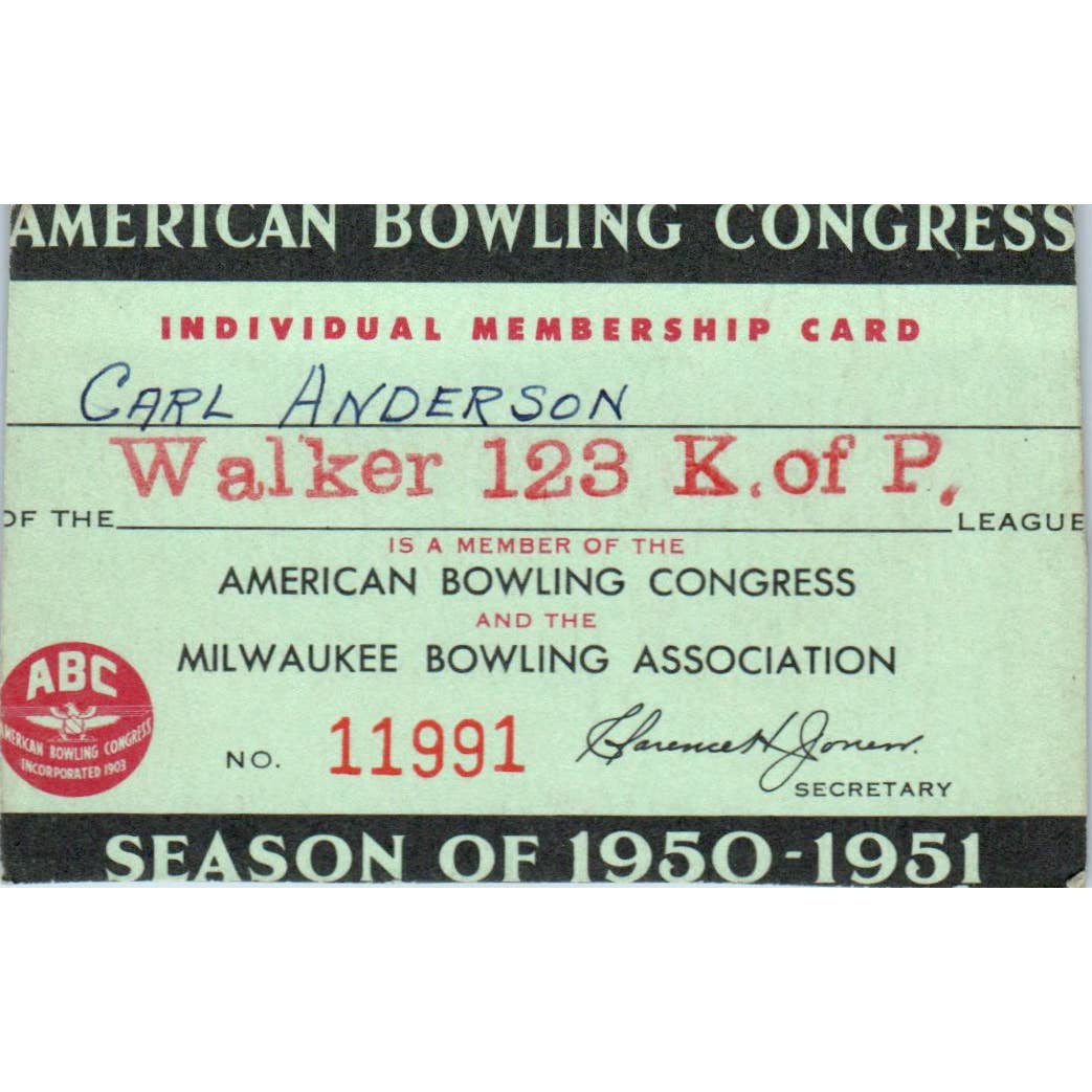 1950 American Bowling Congress Milwaukee Membership Walker 123 K of P SE5-34
