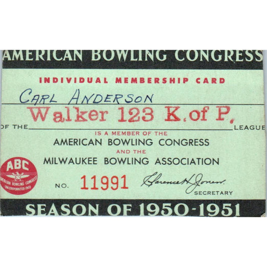 1950 American Bowling Congress Milwaukee Membership Walker 123 K of P SE5-34