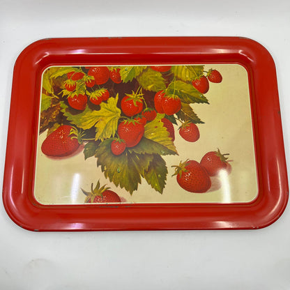 1940s Toleware Tin Enamel Strawberry Dinner Tray Set OF 4 - 17.5 x 13 TH2-2