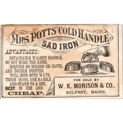 Mrs. Potts Sad Iron W.K. Morison & Co Belfast Maine Victorian Trade Card TK1-P3