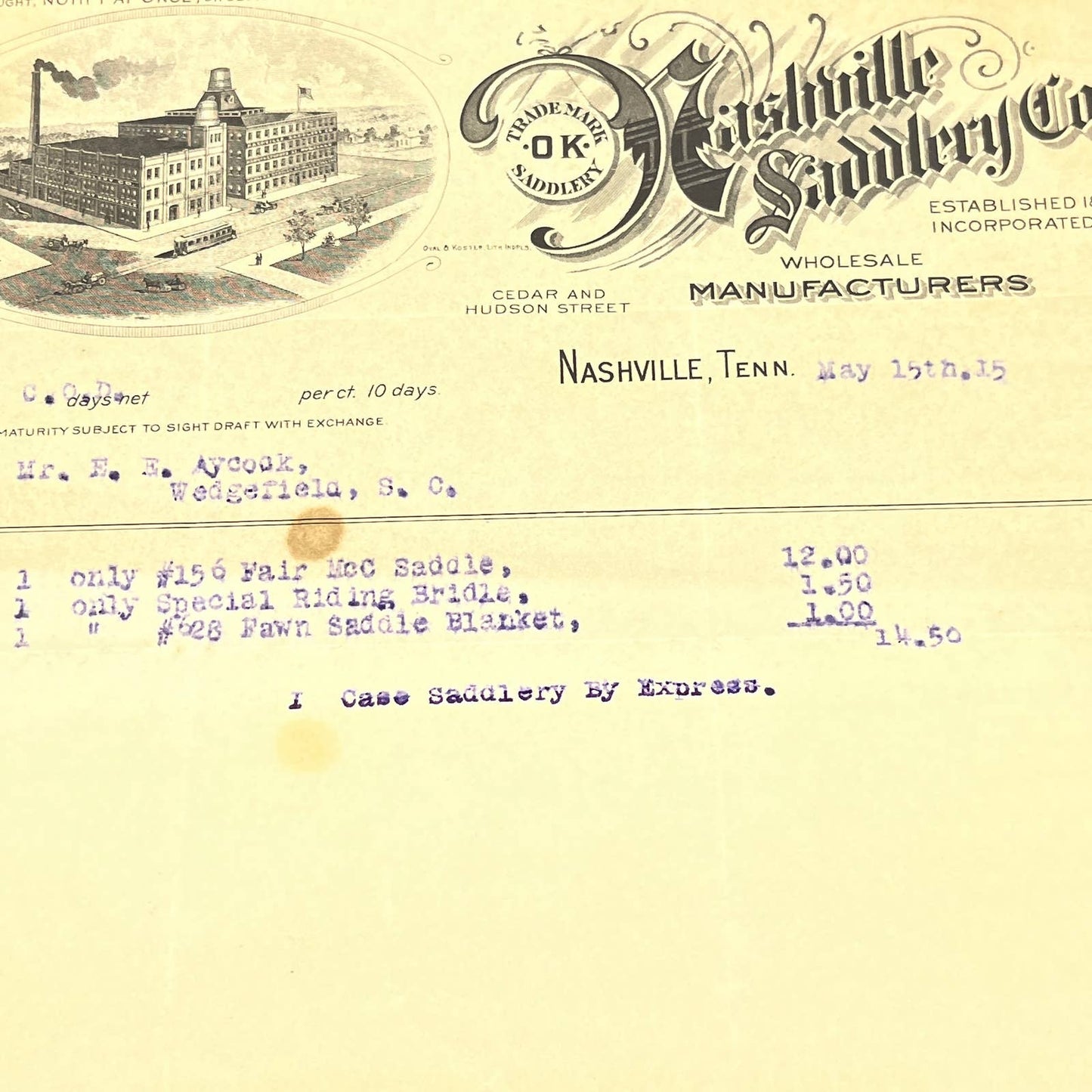 1915 Nashville Saddlery Co. Letterhead Nashville TN AB9