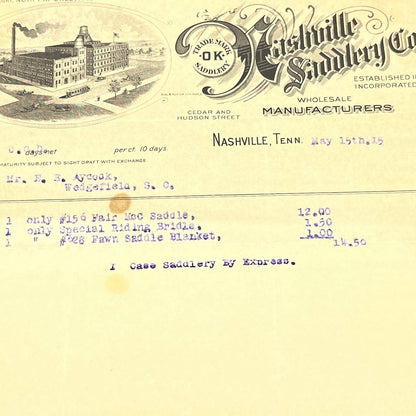 1915 Nashville Saddlery Co. Letterhead Nashville TN AB9