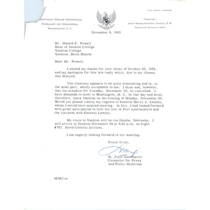 Embassy of Indonesia to US Letterhead Memo Jusuf Ronodipuro 11/8/63 TK1-P9