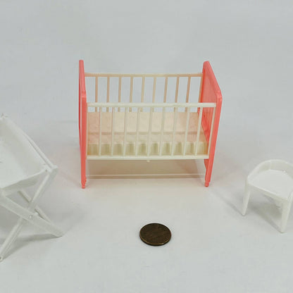 1950s Plasco Dollhouse Furniture Celluloid Pink & White Baby Nursery Set TD6