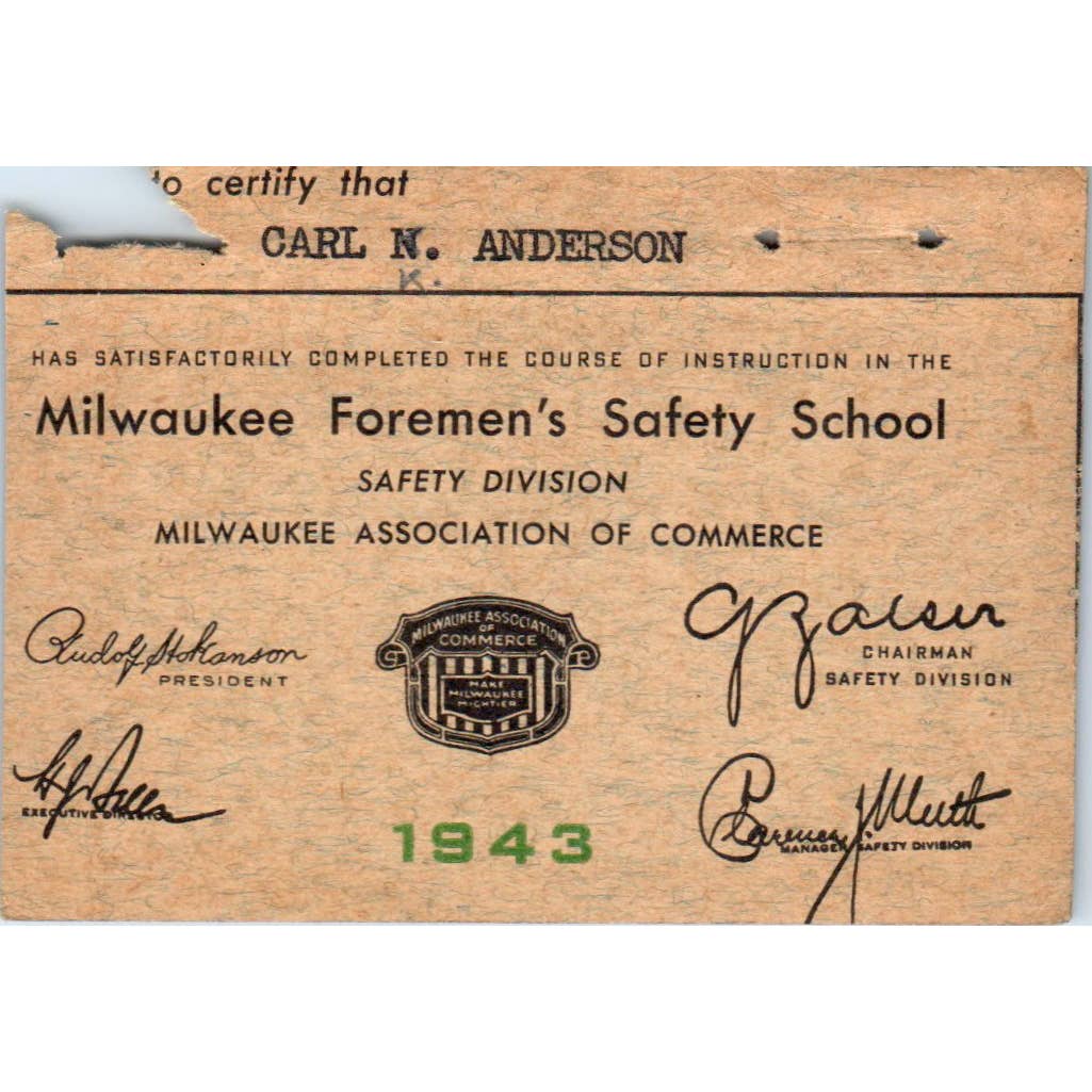 1943 Milwaukee Foremen's Safety School Completion Certificate Card SE5