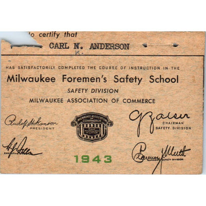 1943 Milwaukee Foremen's Safety School Completion Certificate Card SE5