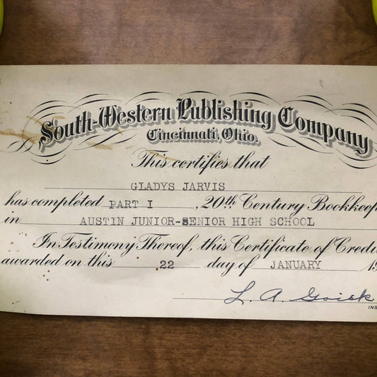 1932 South-Western Publishing Bookkeeping Cert. Gladys Jarvis Austin MN AC9