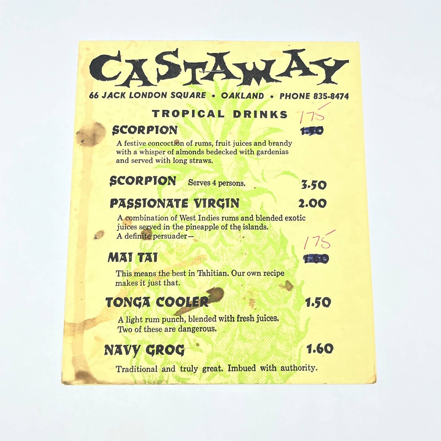 1966 Castaway Restaurant Drink Menu Jack London Square Oakland CA FL3