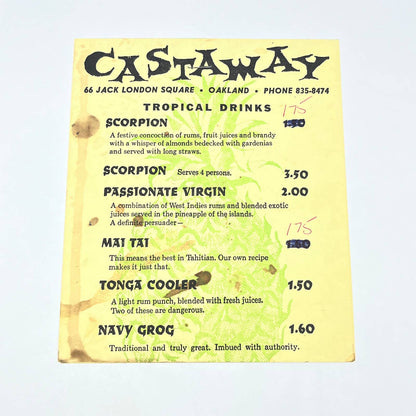 1966 Castaway Restaurant Drink Menu Jack London Square Oakland CA FL3