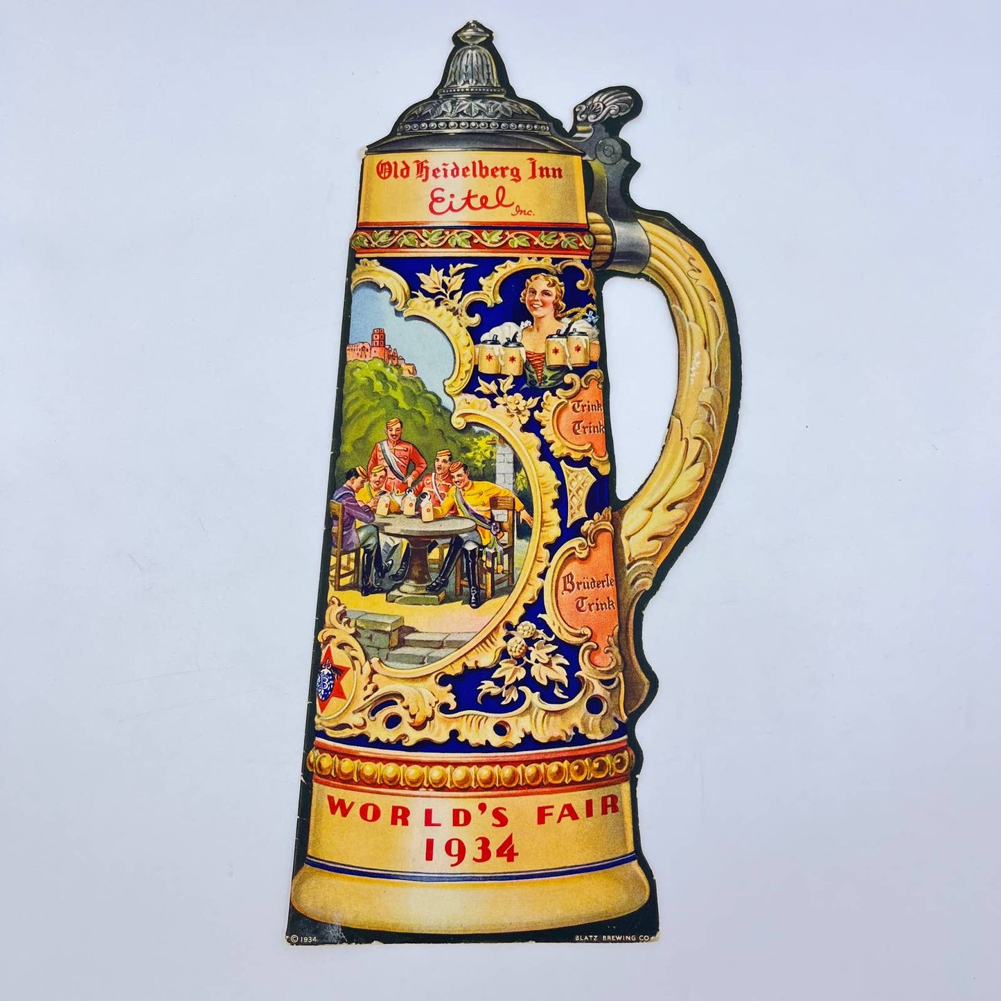 1934 Chicago World’s Fair Blatz Beer Stein Old Heidelberg Inn Souvenir 13” FL3