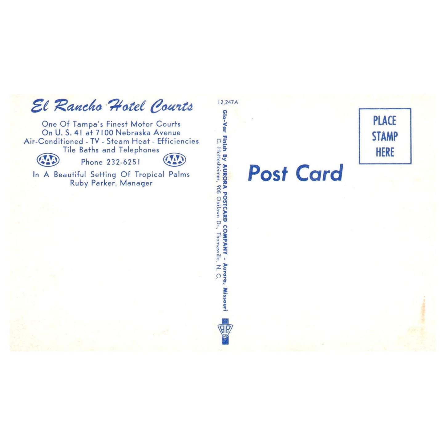 Vintage Postcard - El Rancho Hotel Courts Tampa Florida AD9