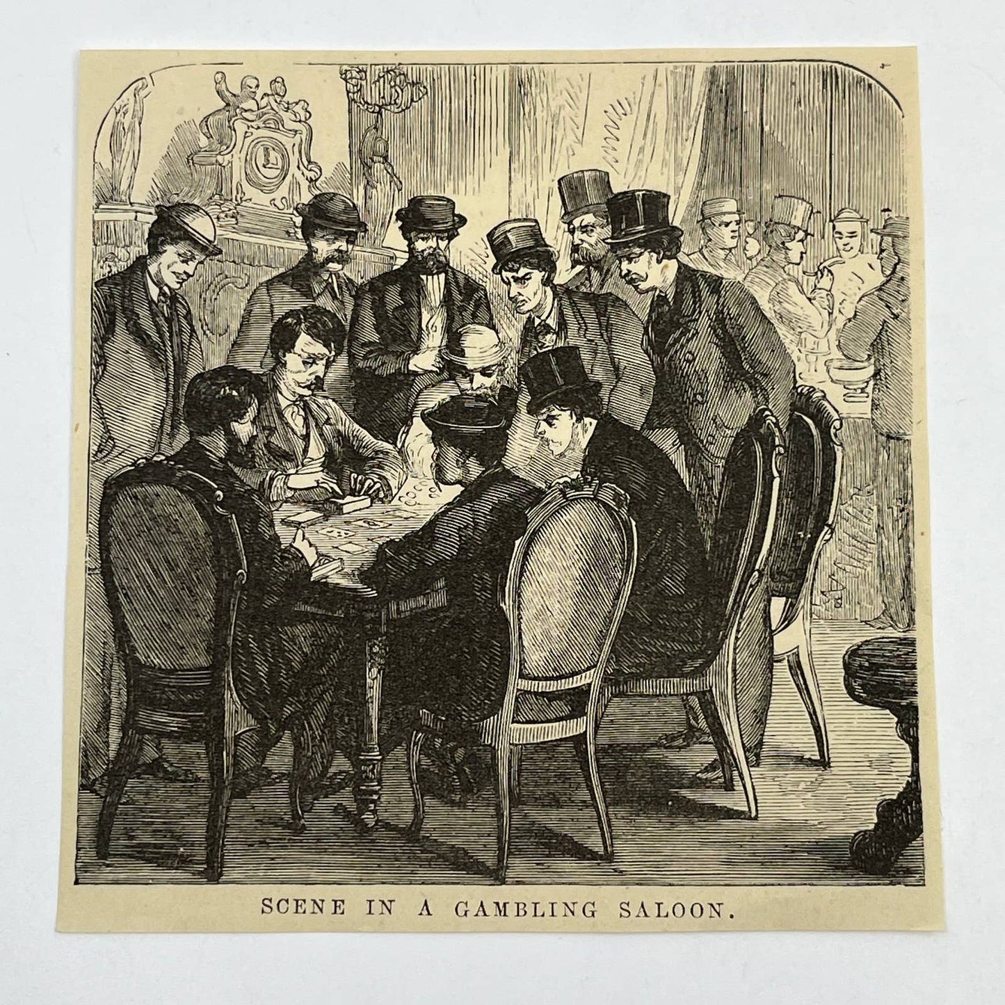 1880s Original Art Print Engraving Scene in a Gambling Saloon New York ~4.5" AC9