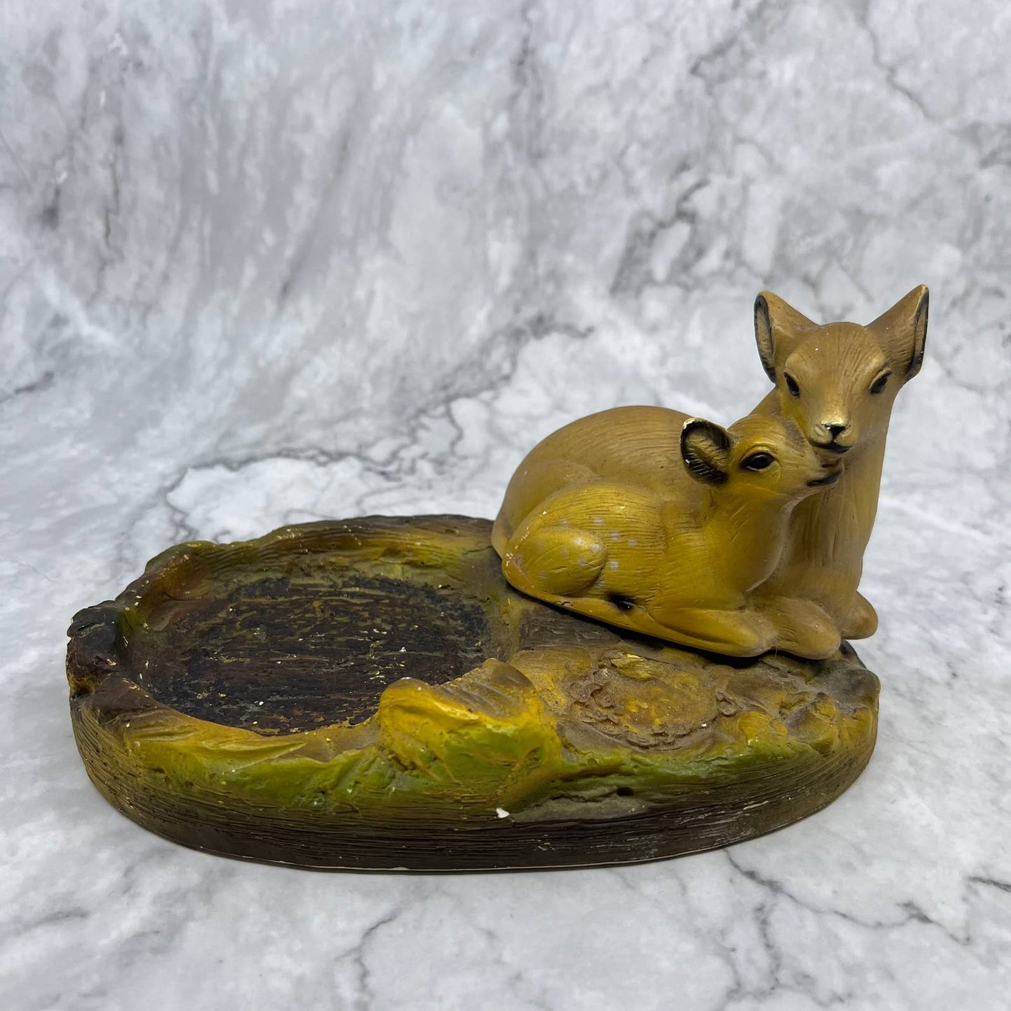 Vtg MCM Chalkware Resting Doe & Fawn Deer Change Tray Ashtray Painted 7x4 TE2