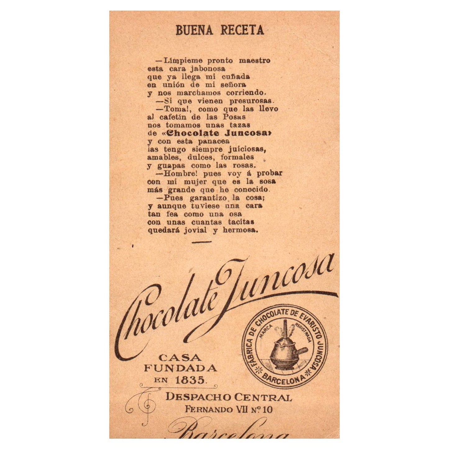 Buena Receta Chocolate Juncosa Barcelona - 1880s Victorian Trade Card TJ8-3