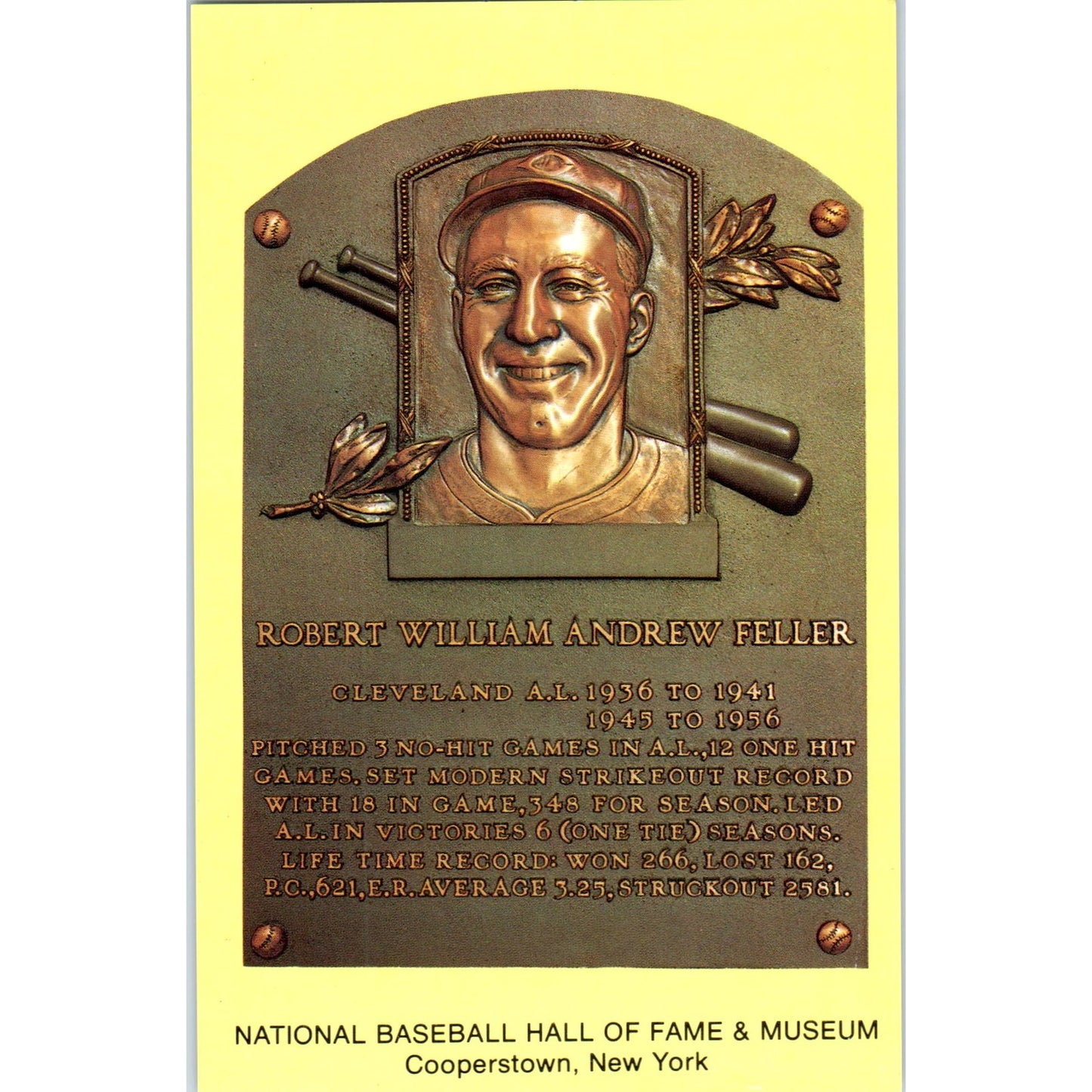 National Baseball Hall of Fame Robert W.A. Feller Original Postcard P2-9