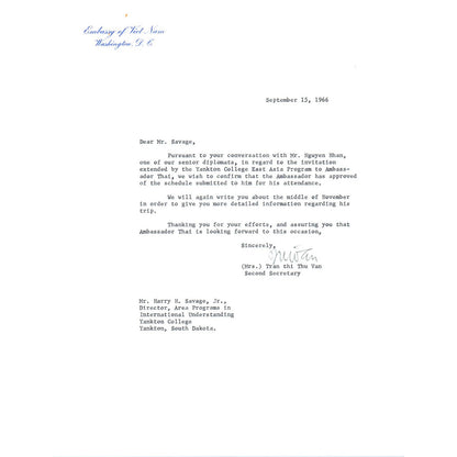 Embassy of Viet Nam Letterhead Memo Tran Thi Thu Van 9/15/66 TK1-P9