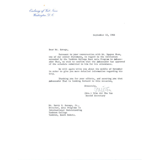 Embassy of Viet Nam Letterhead Memo Tran Thi Thu Van 9/15/66 B14
