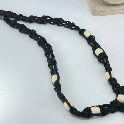 1970s Macrame Necklace Black and White Wood Bead SD2