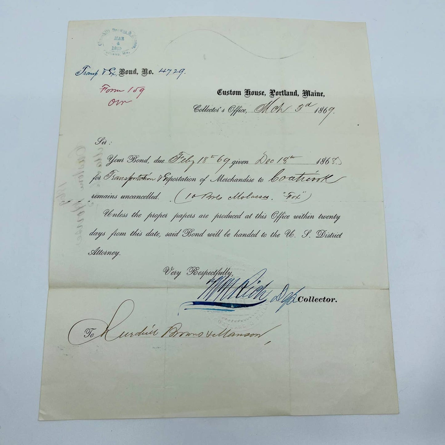 1869 Custom House Portland ME Embossed Stamped Billhead Letterhead Receipt AA4