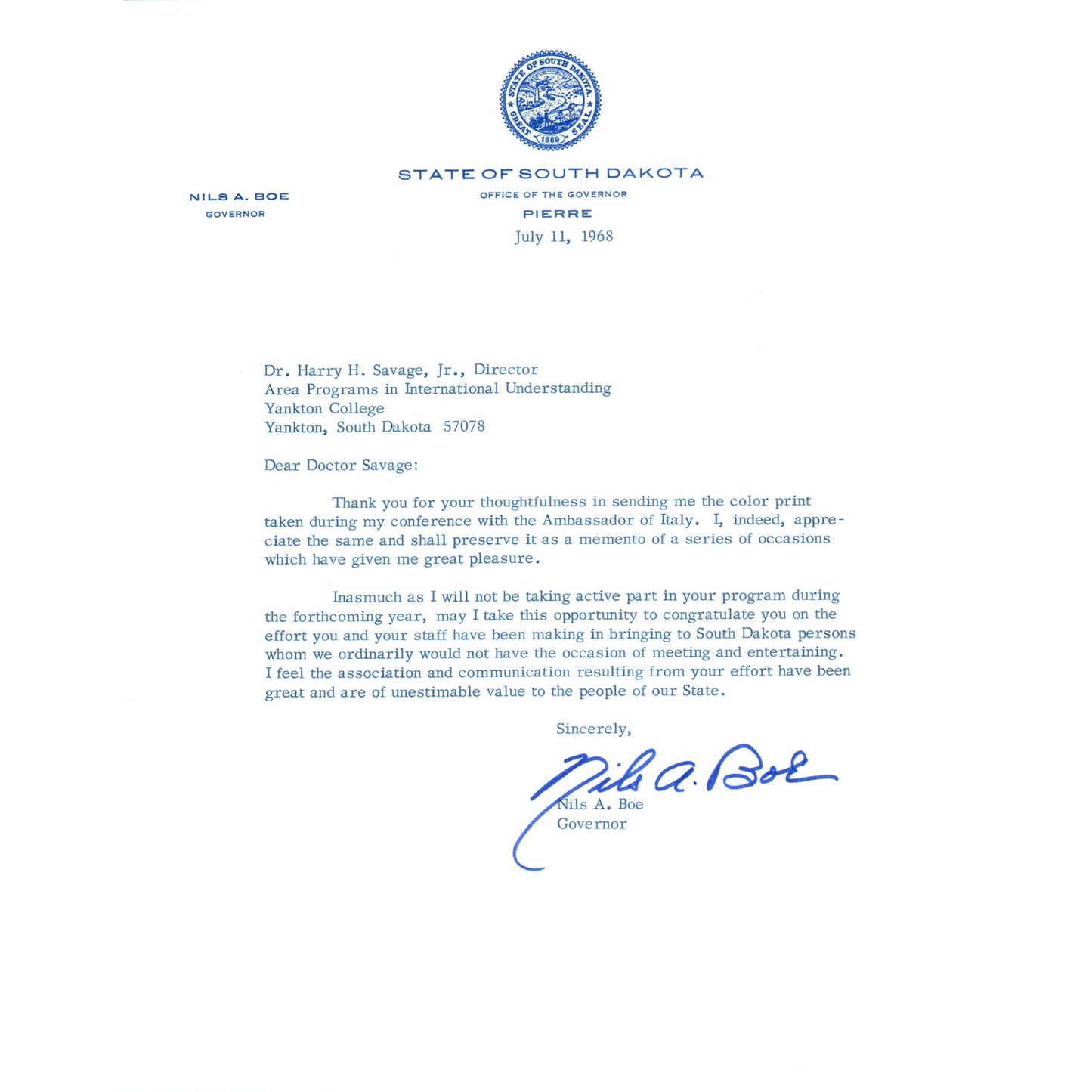 Official South Dakota Governor Letterhead Signed Nils A. Boe Jul 1968 B15