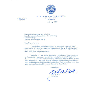 Official South Dakota Governor Letterhead Signed Nils A. Boe Jul 1968 B15