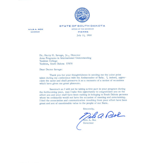 Official South Dakota Governor Letterhead Signed Nils A. Boe Jul 1968 B15