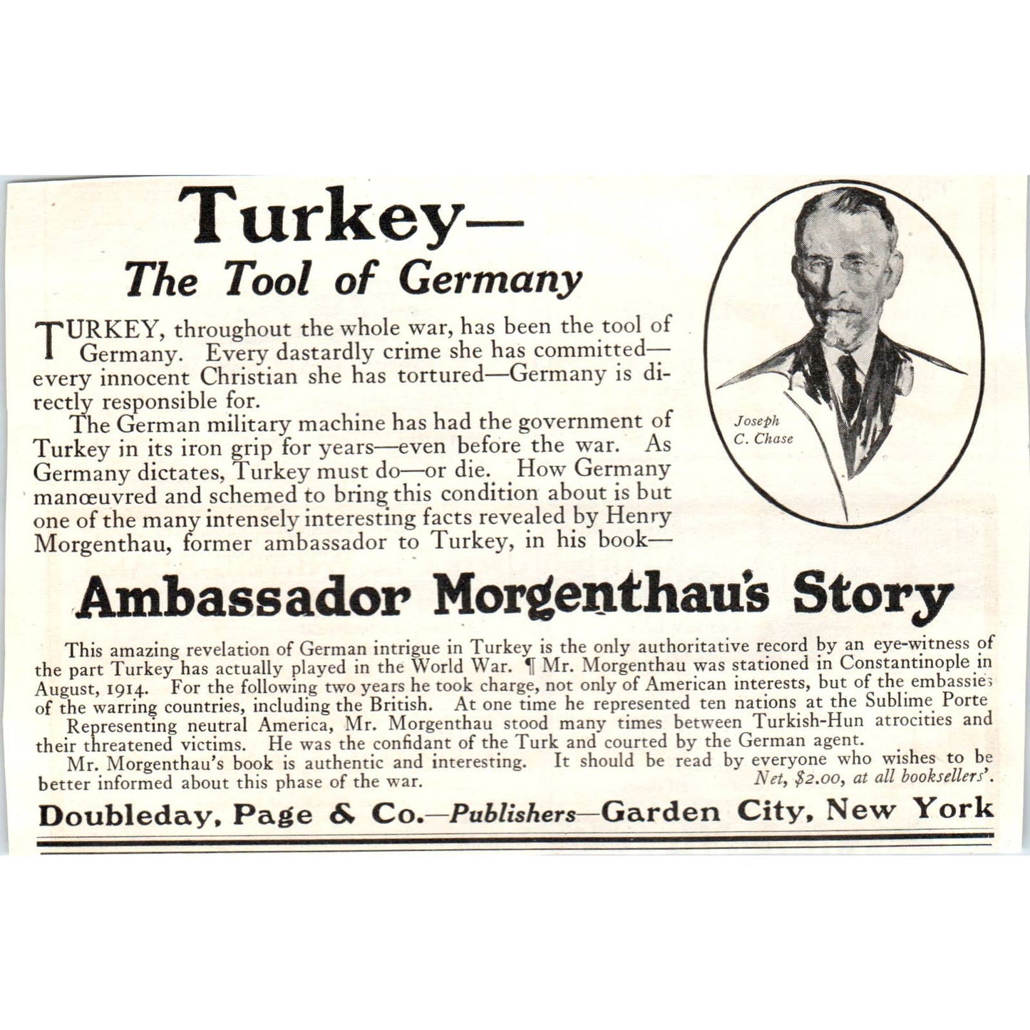 c1920 Harper's Ad Turkey The Tool of Germany Ambassador Morgenthau's Story TF6-1