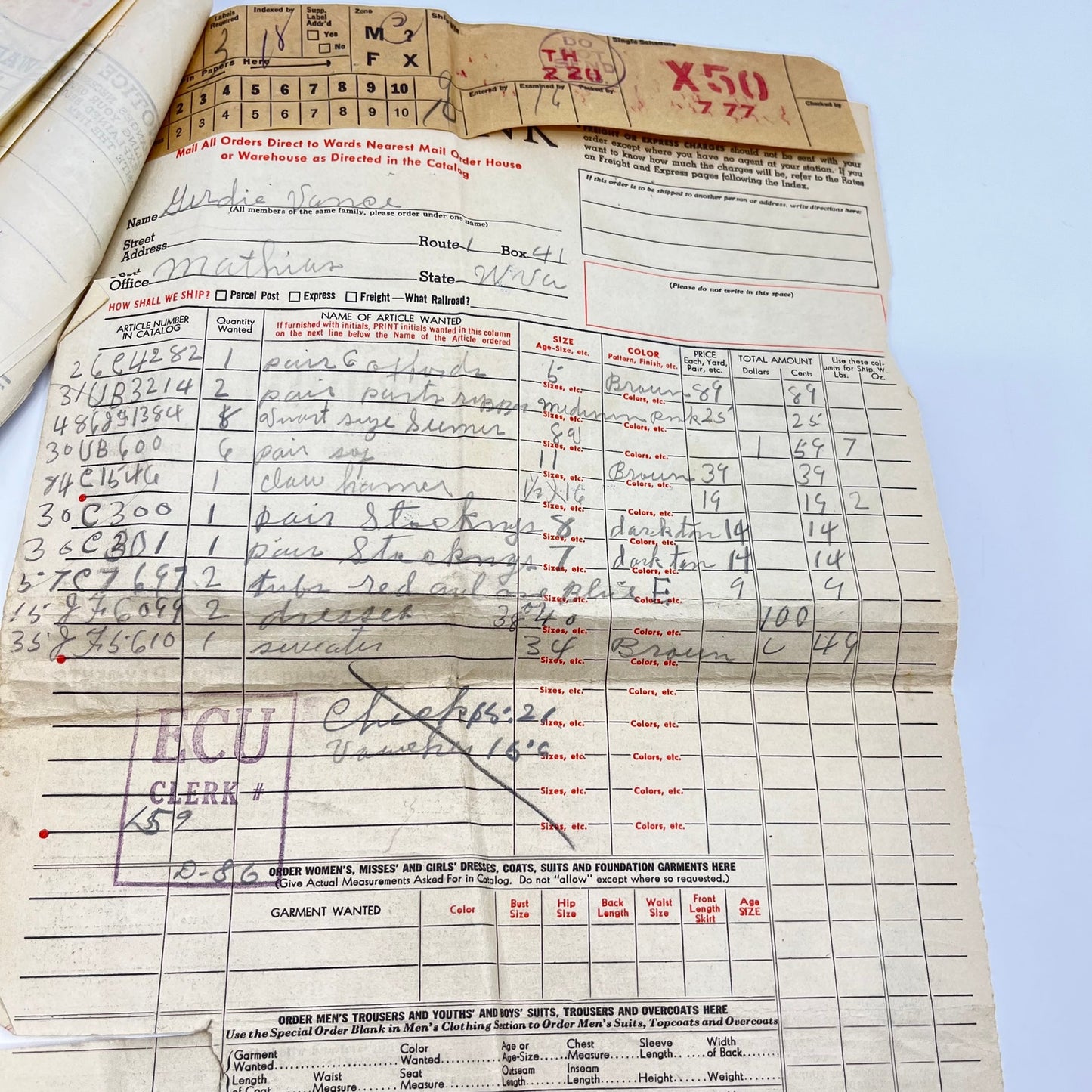 1938 Montgomery Ward Invoice and Order Forms Mathias West Virginia L4-6
