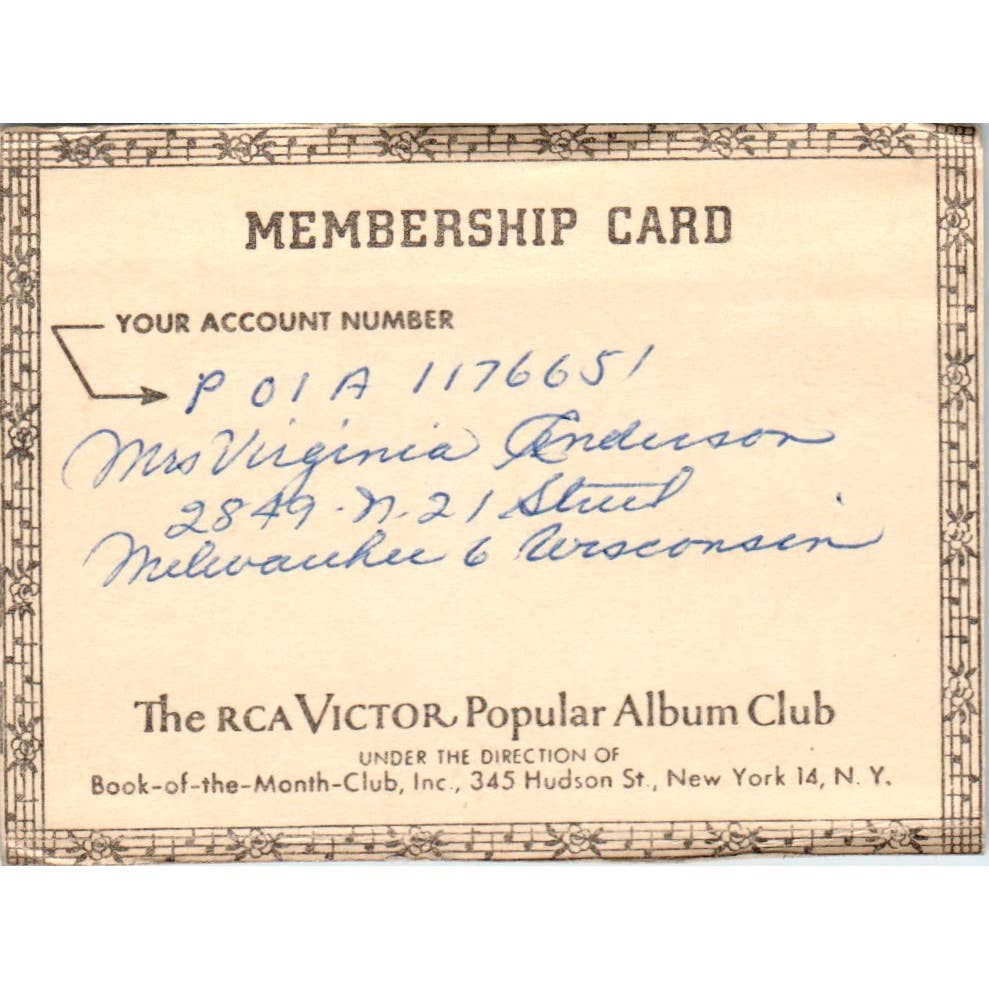 Vintage RCA Victor Popular Album Club Membership Card Virginia Anderson SE5
