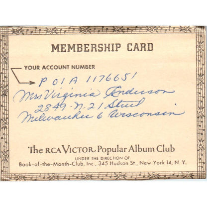 Vintage RCA Victor Popular Album Club Membership Card Virginia Anderson SE5