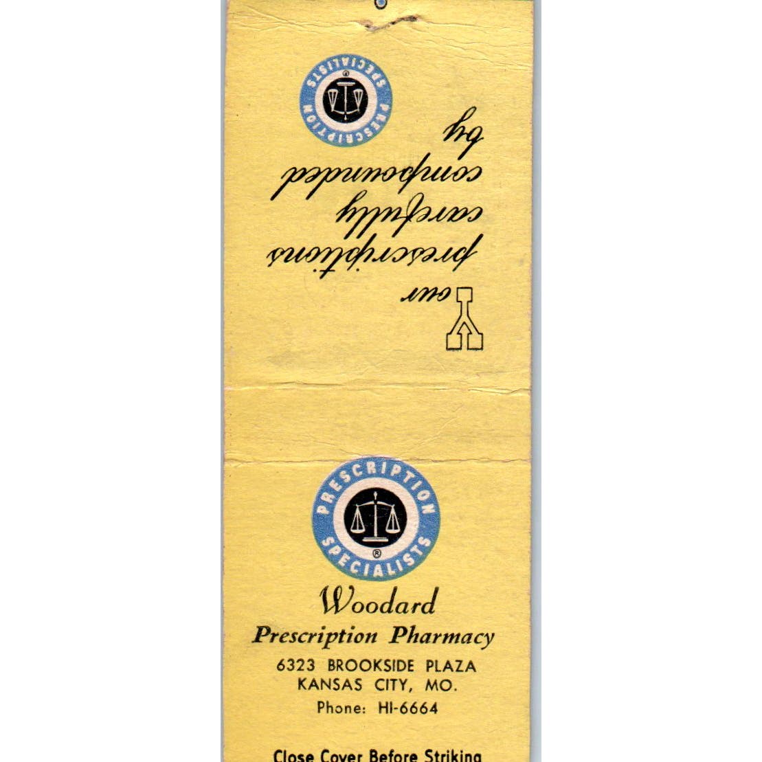 Woodard Prescription Pharmacy Kansas City MO Advertising Matchbook Cover SA9-M2