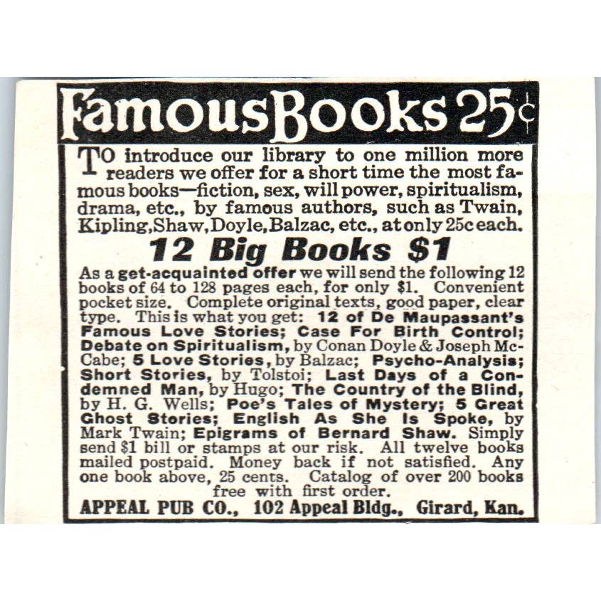 Famous Books Appeal Pub. Co. Girard Kansas - 1921 Original Ad TJ7-S7